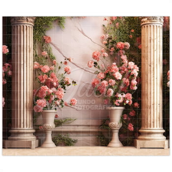 Fundo Fotográfico Primavera Vasos de Flores Rosa Gigante em Tecido FFJ-121