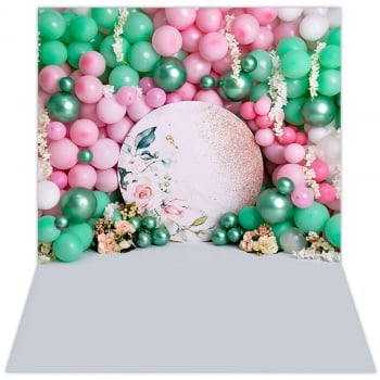 Fundo Fotográfico Smash The Cake em Tecido Balão Floral By Nane Claro FFC-740